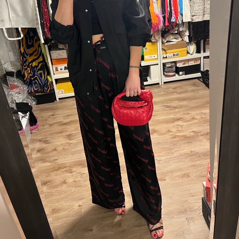 Balenciaga Red Embroidered Diagonal Logo Pajama Pants